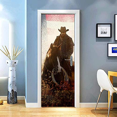 SDSONIU 3D Kreative Türaufkleber Amerika Cowboy Pferd Landschaft 88X200Cm Türtapete Selbstklebend Türposter - Fototapete 3D Effekt Türfolie Poster Tapete Wandtattoo DIY Selbstklebende Wandbild PVC Wa