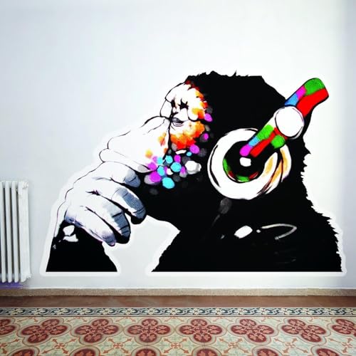 Wandaufkleber Banksy Affe mit Kopfhörern – großer Bansky denkender DJ Schimpanse, Vinyl-Aufkleber, 181 x 125 cm, linke Seite