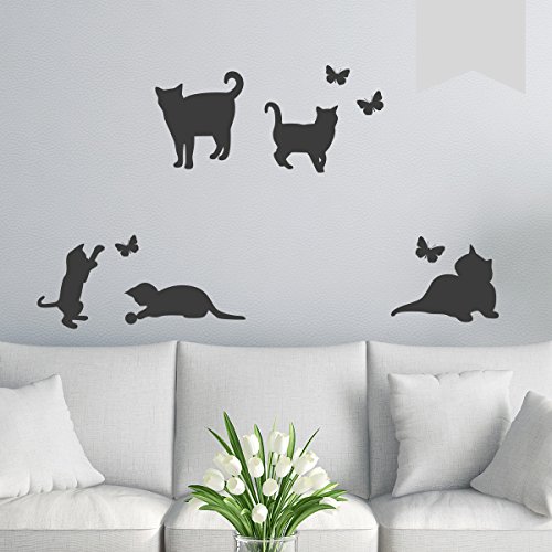 WANDKINGS Wandtattoo 5 Katzen und 4 Schmetterlinge im Set 72 x 90 cm hellgrau - erhältlich in 33 Farben