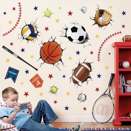 decalmile Wandtattoo 3D Fußball Durchbruch Junge Wandaufkleber Sport Bälle Basketball Wandsticker Kinderzimmer Babyzimmer Spielzimmer Wanddeko