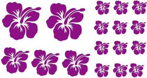 XL Design Set O in Violett 17 Stück HIBISKUS Blüten Autoaufkleber Blumen oder Wandtattoo selbstklebende Aufkleber fürs Auto, Wandsticker Out- & Indoor, Wandaufkleber & Fensterbild wählen Sie aus 32 Farben!