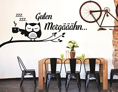 tjapalo® S-pkm83 Wandtattoo Büro Küche Esszimmer Wohnzimmer Guten Morgen Eule mit Kaffeetasse (B100xH34 schwarz oder nach Kauf Farbe senden)