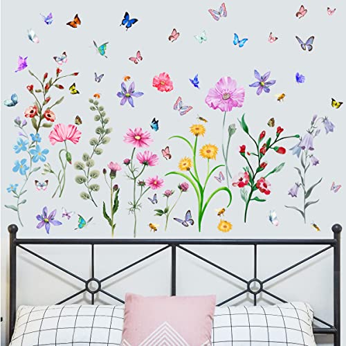 BuerHomie Wandtattoo Schlafzimmer Wohnzimmer, Farbenfrohe Blumen Schmetterlinge, Wanddeko für Wohnzimmer Schlafzimmer Küche Badezimmer