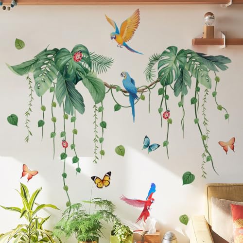 COVPAW Wandtattoo Tropische Pflanzen Papagei Blätter Wandaufkleber Baum Vogel Hängende Pflanzen Grün Wandsticker Kinderzimmer Wohnzimmer Schlafzimmer Flur Wanddeko (Parrots and tropical plants)