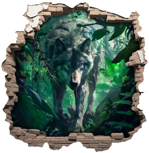 Samunshi® Wanddeko Wandriss mit Wolf in Wald Dinosaurier Raptor Fenster in andere Welt Portal Wallart Wandtattoo für Wohnzimmer Küche Wandaufkleber Wandsticker 70x70cm