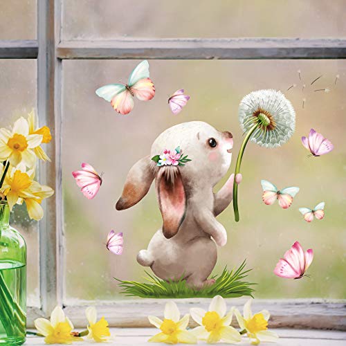 Wandtattoo Loft Fensterbild Frühling Ostern wiederverwendbar Fensteraufkleber Kinderzimmer Hase mit Pusteblume Schmetterlinge Babyzimmer/Hase Pusteblume (1139) / 1. DIN A4 Bogen