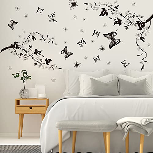 Runtoo Wandtattoo Baum Vögel Blumenranke Wandsticker Schwarze Blumen Wandaufkleber Wohnzimmer Schlafzimmer Kinderzimmer