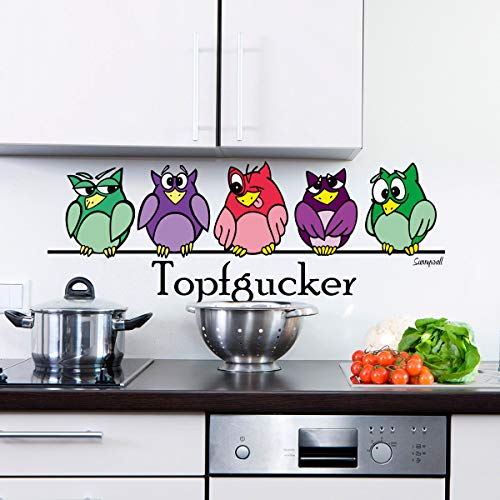 Sunnywall® Wandaufkleber Topfgucker Eulen Vögel Kochen Küche Deko Essen Wandsticker (60,00 cm x 22,00 cm (Gr1), bunt)