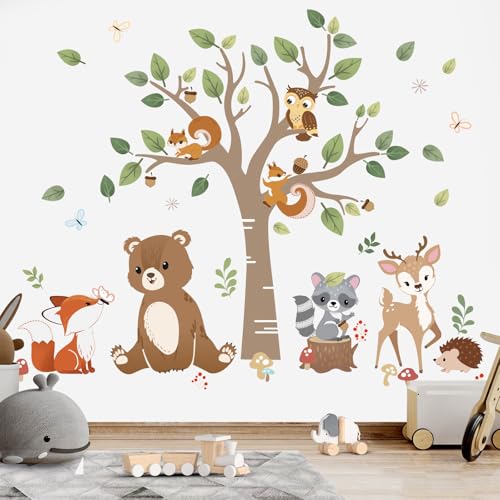 wondever Wandtattoo Waldtiere Baum Wandaufkleber Bär Rehe Füchse Eule Wandsticker Wanddeko für Babyzimmer Kinderzimmer Schlafzimmer