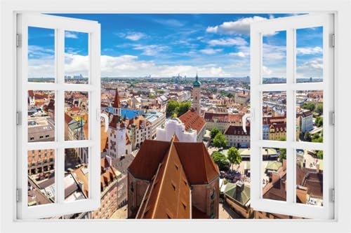 DesFoli Wandtattoo München Skyline - verschiedene Rahmentypen DW000234 Farbe Fensterrahmen Querformat, Größe 90 cm x 60 cm