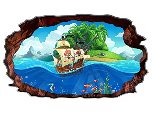 3D Wandtattoo Kinderzimmer Pirat Schiff Schatzkarte Meer Bild selbstklebend Wandbild sticker Wand Aufkleber 11H1405, Wandbild Größe F:ca. 97cmx57cm