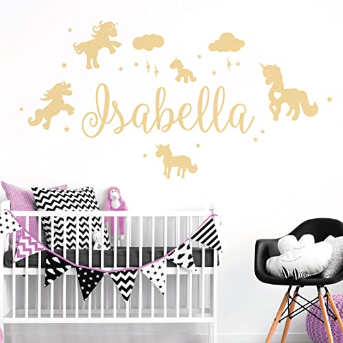 Wandtattoo, Motiv Einhörner, Sterne und Wolken, personalisierbar Name Size: Medium (580 x 150mm) cremefarben