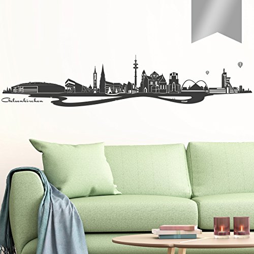 Wandkings Wandtattoo Skyline Gelsenkirchen (mit Sehenswürdigkeiten und Wahrzeichen der Stadt) 80 x 16 cm Silber - erhältlich in 33 Farben