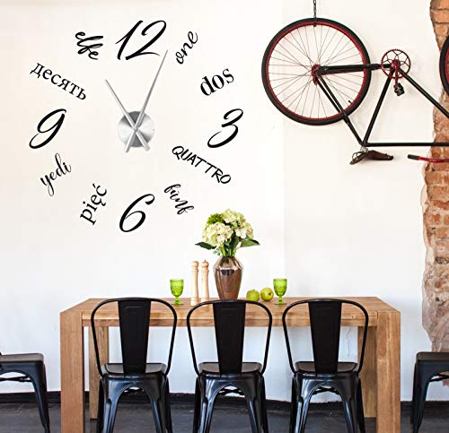 tjapalo® a256 Wanduhr Wandtattoo Wohnzimmer Uhr verschiedene sprachen Wandaufkleber international Wandtattoo Uhr mit Uhrwerk, Farbe: mittelgrau, Größe: B58xH58cm