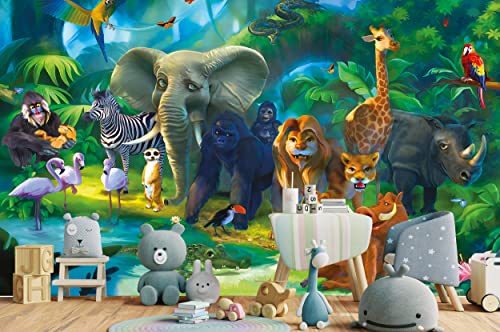 ARTASTIC Fototapete Kinderzimmer Dschungel Safari – 336 x 238 cm – Wandbild Wallpaper Deko Kindertapete Junge Mädchen Baby Tiere Jungle Dschungelbuch Löwe Tiger Elefant Zoo