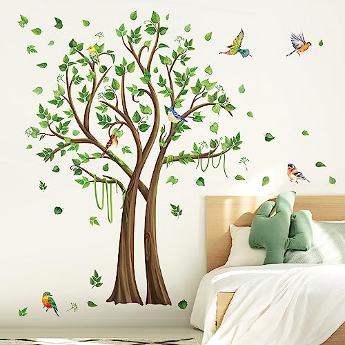 wondever Wandtattoo Groß Baum Wandaufkleber Grüne Blätter Fliegende Vögel Wandsticker Wanddeko für Kinderzimmer Wohnzimmer Schlafzimmer (H:160cm)