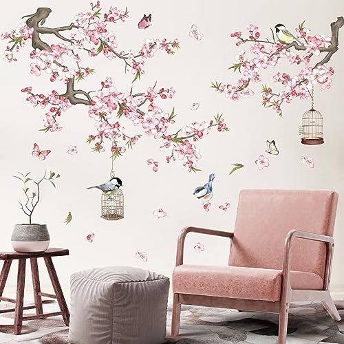 wondever Wandtattoo Rosa Kirschblüten Blumen Wandaufkleber Vögel auf Ast Vogelkäfig Wandsticker Wanddeko für Schlafzimmer Wohnzimmer TV Hintergrund