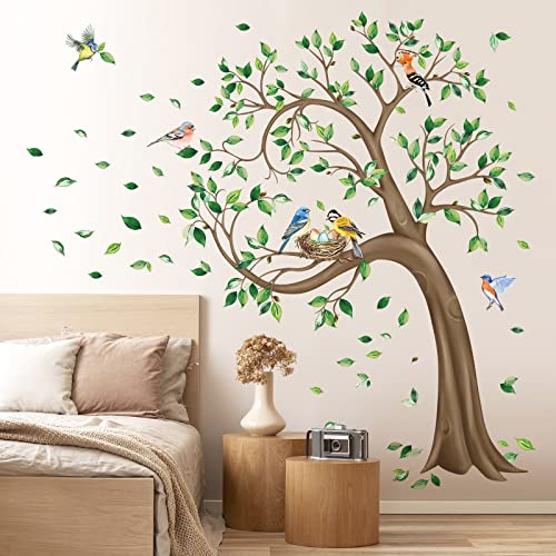 decalmile Wandtattoo Baum Groß Grüne Wandaufkleber Baum Blätter Vögel Wandsticker Kinderzimmer Schlafzimmer Wohnzimmer Wanddeko