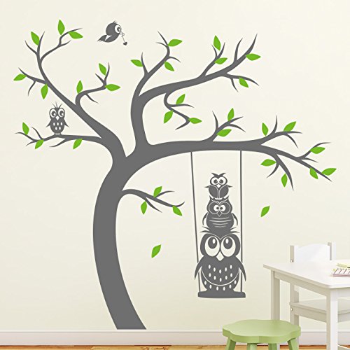 DESIGNSCAPE® Wandtattoo Baum mit Schaukel und Eulen, zweifarbig, für Kinderzimmer, Babyzimmer | Farbe 1: enzian | Größe: mittel (140 x 134 cm)