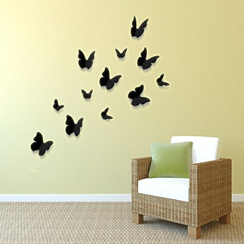 denoda® 3D Schmetterling Set - Schwarz - 12 Stück (Wandsticker Wanddekoration Wohndeko Wohnzimmer Kinderzimmer Schlafzimmer Wand Aufkleber)