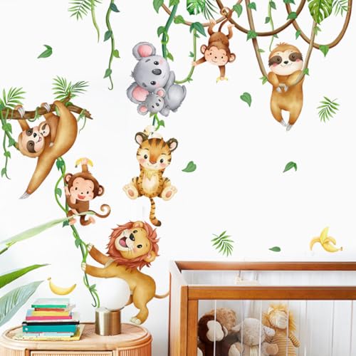Purekay Wandtattoo Dschungel Tiere Reben Wandaufkleber Tiger Löwen Affen Koalas Safari Blätter Wandsticker Kinderzimmer Babyzimmer Schlafzimmer Wanddeko