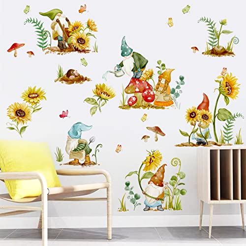 wondever Wandtattoo Sonnenblumen Wandaufkleber Garten Blumen Gnom Wandsticker Wanddeko für Wohnzimmer Esszimmer Fenster