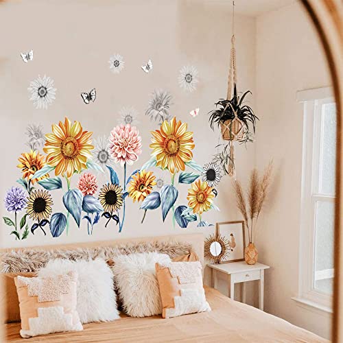 Tanlaby Sonnenblume Wandtattoo Garten Blumen Wandsticker Schmetterling Blume Wandaufkleber für Wohnzimmer Schlafzimmer Büros Sofa Hintergrund Hause Wanddekoration