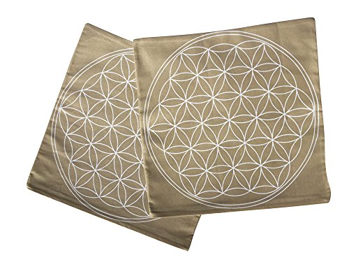 ewtshop® Kissenhülle Blume des Lebens, 2er Set, 40 x 40 cm, beige mit weißer Blume des Lebens