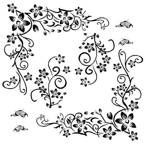 2set Wandtattoo Blumenranke Schwarz Rebe Wandsticker Blumen Schmetterlinge Pflanzen Aufkleber-Wand-Deko für TV Hintergrund Deko Wohnzimmer Wand Fenster Abziehbilder (Wandtattoo Blumenranke)
