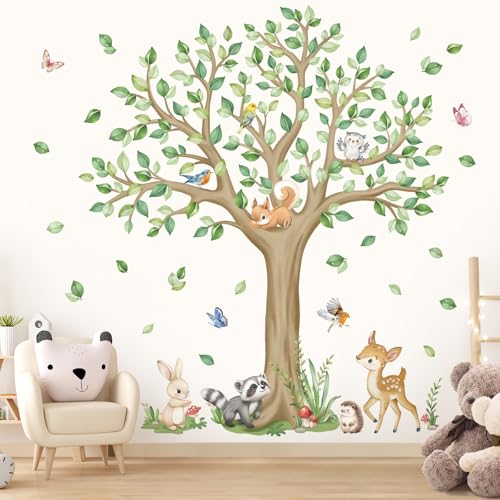 wondever Wandtattoo Waldtiere Groß Baum Wandaufkleber Hirsch Eichhörnchen Eule Wandsticker Wanddeko für Kinderzimmer Babyzimmer Badezimmer