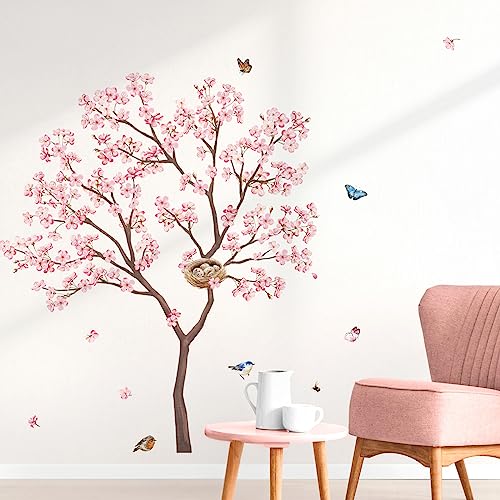 decalmile Wandtattoo Rosa Kirschblüte Wandsticker Vögeln auf Baum Wandaufkleber Blumen Rosa Wandsticker Wohnzimmer Schlafzimmer Büro Wanddeko(H:100cm)