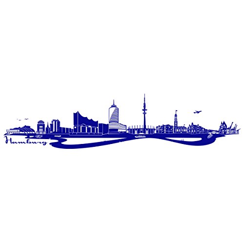 WANDKINGS Wandtattoo Skyline Hamburg (mit Sehenswürdigkeiten und Wahrzeichen der Stadt) 210 x 49 cm verkehrsblau - erhältlich in 33 Farben