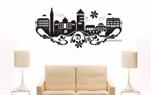 INDIGOS UG - Wandtattoo Wandsticker Wandaufkleber Aufkleber - Wandaufkleber e743 Skyline Stadt - Darmstadt (Deutschland) Design 3-80x37 cm - schwarz - Dekoration Küche Bad Büro Hotel