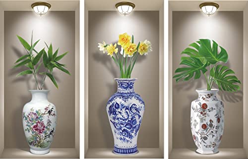 TOARTI 3 Stück 3D Wandaufkleber Vase,Vasen Wandtattoo für Wohnzimmer,Grüne Pflanzen Wandsticker,Vinyl Abnehmbare Blaues und weißes Porzellan Wandbilder für Schlafzimmer Büro Küche Wanddeko,20×40CM