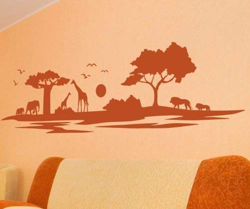 Wandtattoo Afrika Skyline Savanne Wand Baum Giraffe Elefant Aufkleber 1M204, Farbe:Weiß glanz;Größe (Länge):200 cm