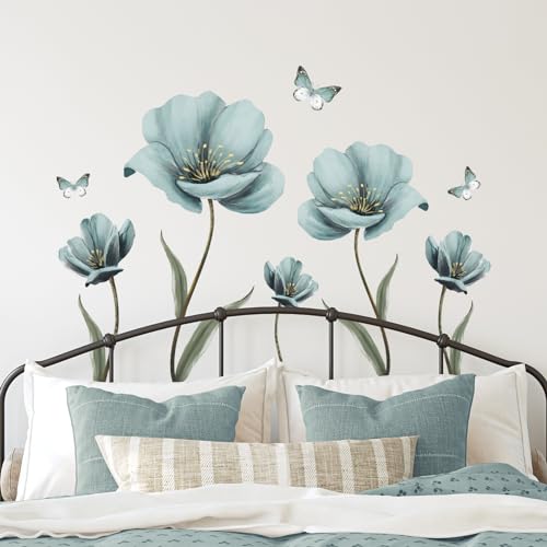 Tanlaby Große Blumen Wandtattoo Vintage Blumen Wandsticker Blauer Schmetterling Wandaufkleber für Frauen Wohnzimmer Schlafzimmer Büros Sofa Hintergrund Hause Wanddekoration