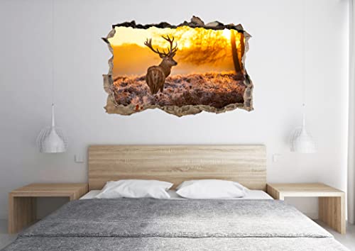 Hirsch im Sonnenuntergang Thema 3D-Loch in der Wand Effekt Tierwandaufkleber Wandkunstdruck abziehen und aufkleben Wandtattoo Tierwanddekoration Wandbild Zimmerdekoration 65 cm x 43 cm (25,5  x 16,9 )