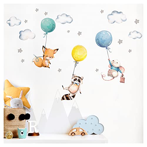 Little Deco Aufkleber Babyzimmer Tiere & Luftballons I Wandbild 144 x 85 cm (BxH) I Waschbär Fuchs Sterne Maus Wandtattoo Kinderzimmer Junge Mint DL508