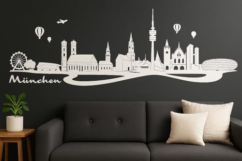 München Skyline Wandtattoo, Stadtsilhouette Dekoration, 130 x 30 cm, Selbstklebende Vinylfolie (Weiß)