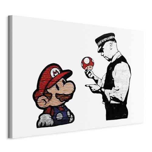 murando - Akustikbild Banksy Mario and Cop Leinwandbild 1 tlg Kunstdruck modern Wandbilder XXL Wanddekoration Design Wand Bild - Graffiti Street Art schwarz weiß i-C-0147-b-a