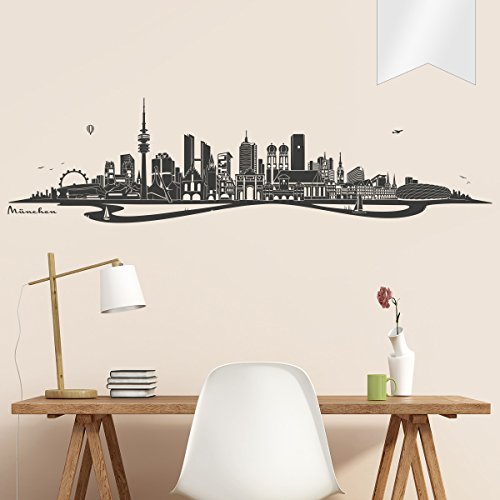 WANDKINGS Wandtattoo Skyline München mit Fluss 140 x 36 cm - Milchglasfolie - 35 Farben zur Wahl