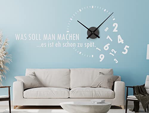 Wandtattoo Uhr mit Uhrwerk Spruch Was soll man machen – Wanduhr Küche Wohnzimmer DIY von timalo® – 30 Farben | 76068-Schwarz-M-80x40-Uhr-silber