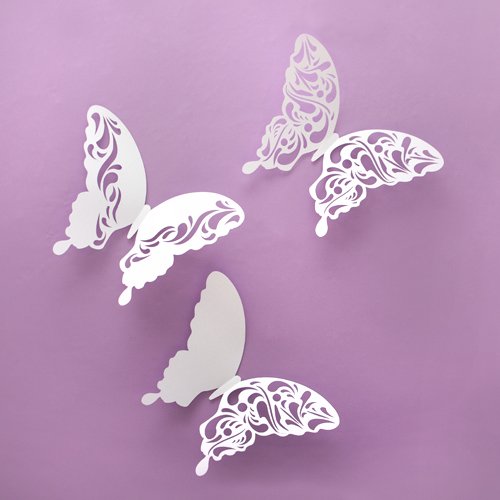 Wandkings Schmetterlinge im 3D-Style in WEIß mit Muster in den Flügeln, 3 Stück je 20 x 18 cm, Wanddekoration mit Klebepunkten zur Fixierung