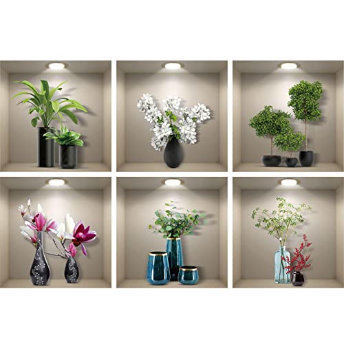 6er Set Wandtattoo 3D Effekt Vase - 3D Wandaufkleber Selbstklebend mit Blumen Grüne Pflanzen Baum Bonsai - Wandsticker Wandbild für Schlafzimmer Wohnzimmer Kinderzimmer Küche Büro 36x36cm