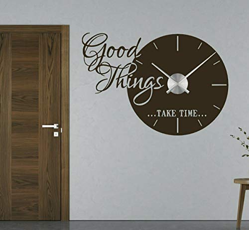 tjapalo® tku11 Wanduhr mit Spruch Wandtattoo Uhr Good Things take time Wandaufkleber wohnzimmer spruch zitate mit Uhrwerk, Größe: B80 x H56cm (+ Uhrwerk schwarz), hellrosa