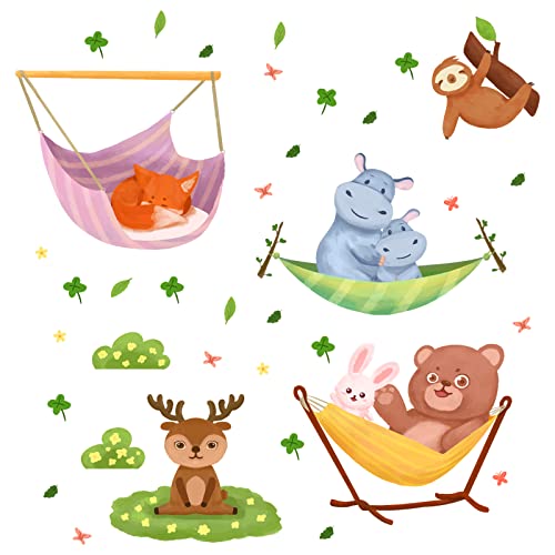 OLYCRAFT 2 Stück Tier PVC Wandaufkleber 390x900mm Waldtiere Hängematte Wandtattoo Kaninchen Bär Hirsch Fuchs Nilpferd Wanddekoration Für Wohnzimmer Schlafzimmer Dekoration DIY Wandkunst Wandbild