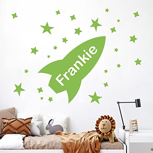 Wandtattoo Rakete mit Sternen – Jungen-Schlafzimmer personalisierbar Name [Lime]