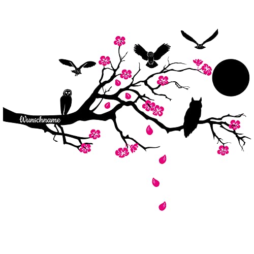 Wandtattoo mit Ast Zweig Kirschblüten 115x52cm Wandbild personalisiert für Garderobe Flur Eingang Wohnzimmer Schlafzimmer Wandaufkleber Deko Baum (01 Eule, Mit Wunschtext)
