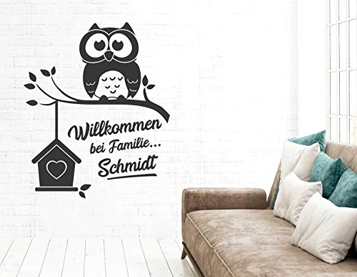 tjapalo® s-pkm441 Wandtattoo Willkommen flur Wandtattoo Wandsticker Eule Eingang Willkommen bei Familie mit Wunschname, Größe: H58xB48cm