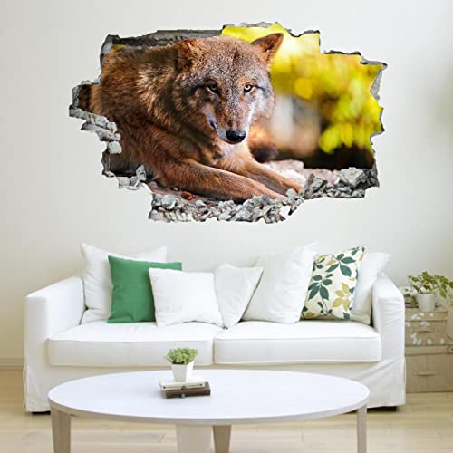 Wolf 3D Wandtattoo Mauerloch Wandsticker Wandaufkleber Durchbruch Tier selbstklebend Schlafzimmer Wohnzimmer Wanddeko fürs Kinderzimmer 56x84cm